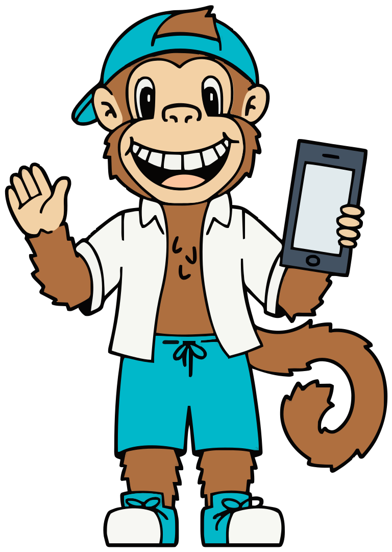 Maskottchen Jimmy: ein gezeichneter Affe mit Kappe, der winkt und ein Smartphone hält